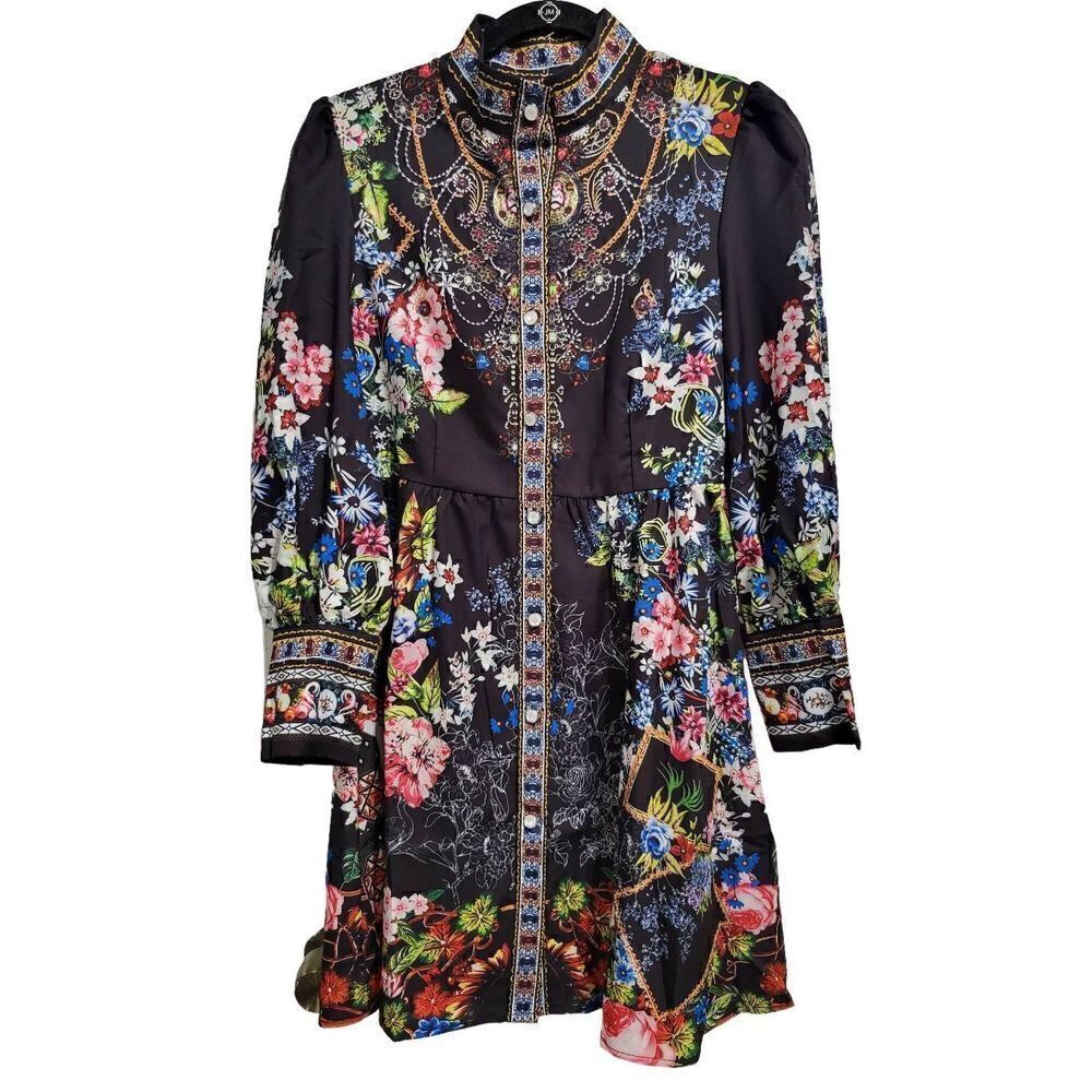 Floral Printed Mock Neck Long Sleeve Button Casual Shirt Dress - Picture 2 of 12